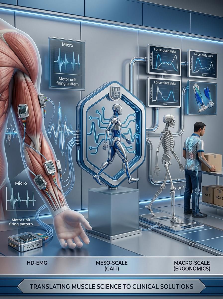 KKD Lab integrated framework showing HD-EMG micro scale motor unit dynamics, meso-scale gait analysis, and macro-scale ergonomics translating muscle science to clinical solutions